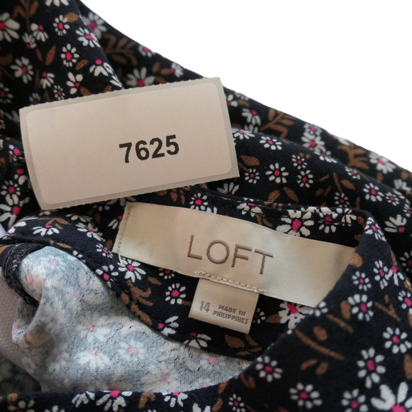 Loft Dress Womens 14 Blue White Pink Floral High Neck Long Sleeve Career Boho - Picture 10 of 10